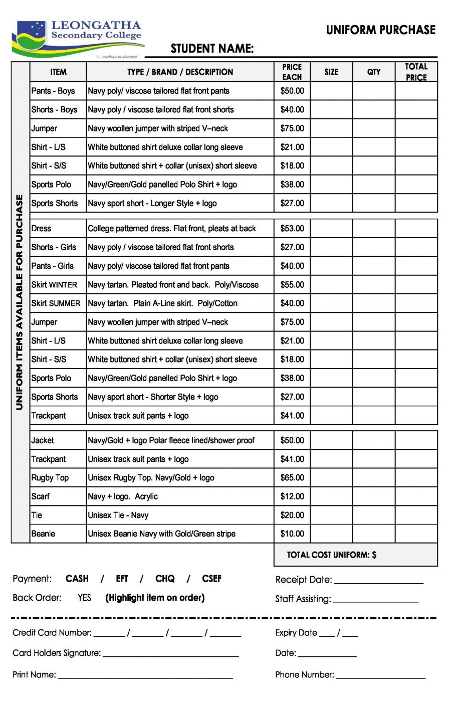 uniform shop hours and order form leongatha secondary uniform order form template